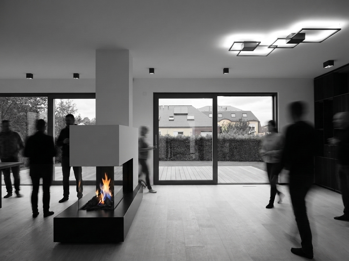 Interior in use — fireplace with figures in motion