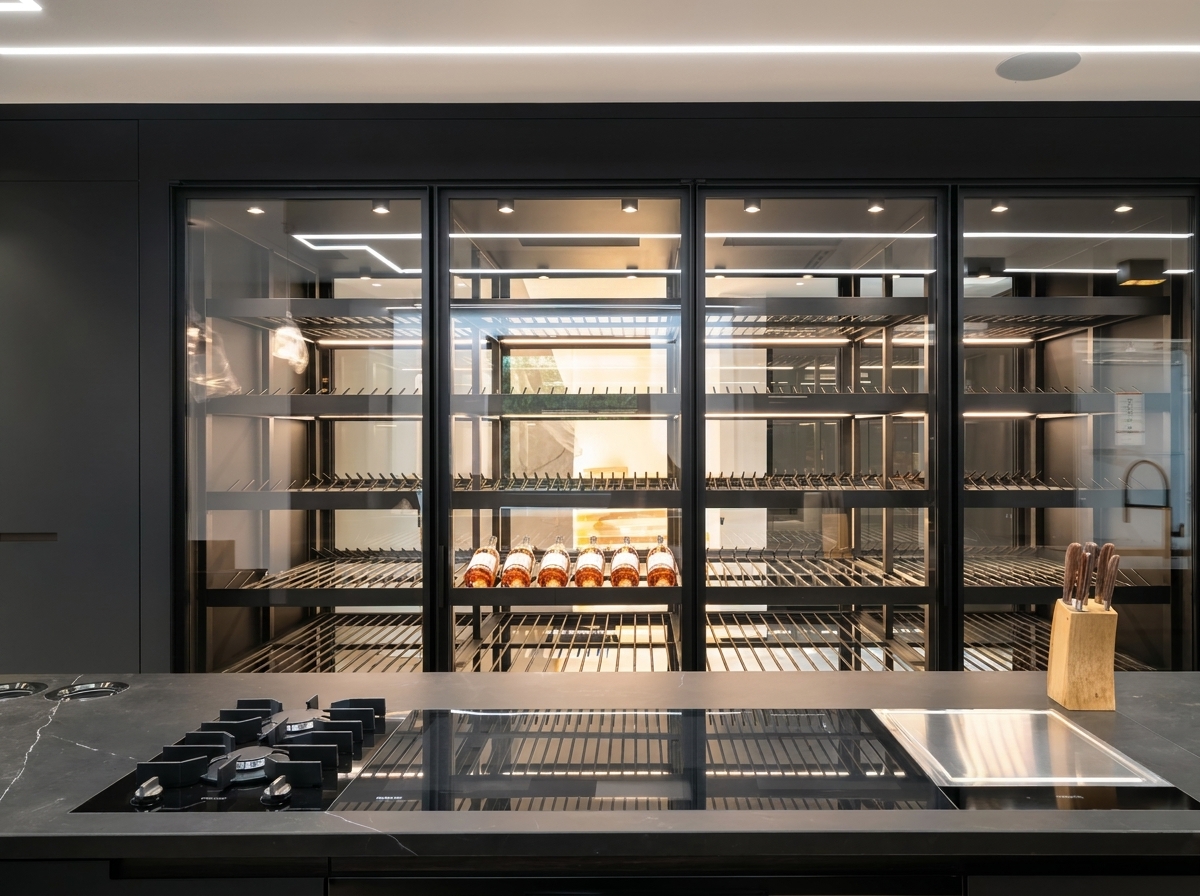 Kitchen island with amber-lit wine wall