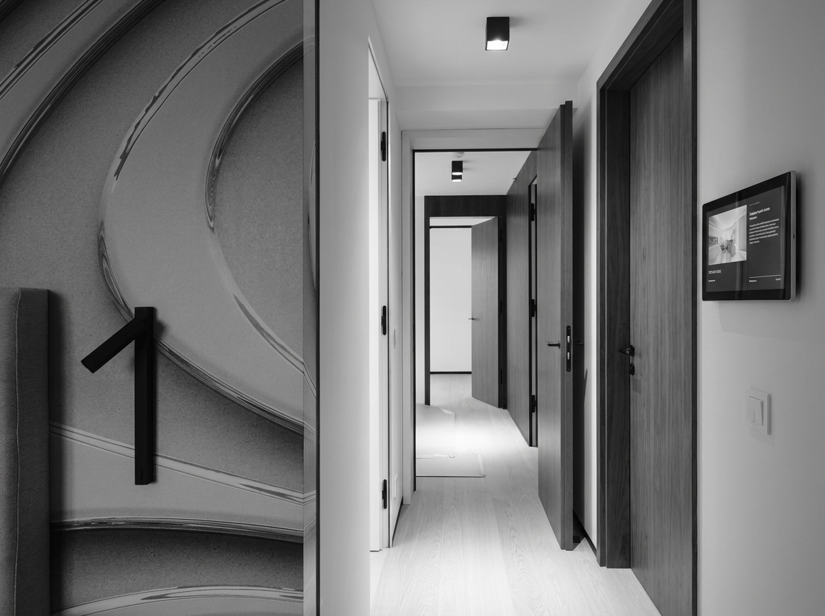 Corridor with art panel and timber doors