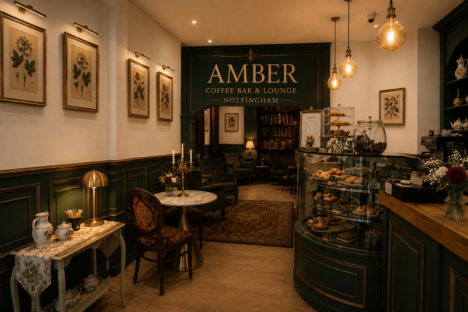 AMBER — evening ambiance: brass glow, candlelight, library nook